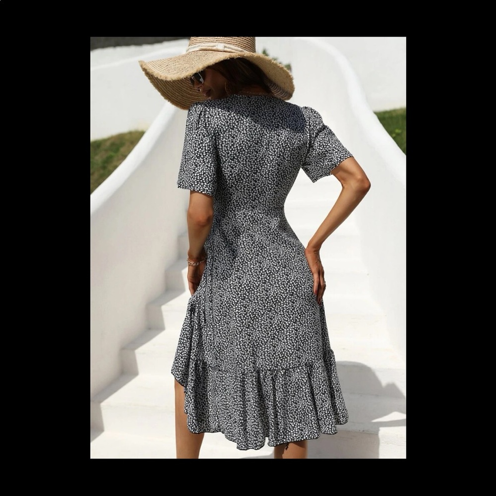 BRAND NEW DITSY FLORAL OVERLAP COLLAR RUFFLE TRIM WRAP DRESS - Picture 9 of 9